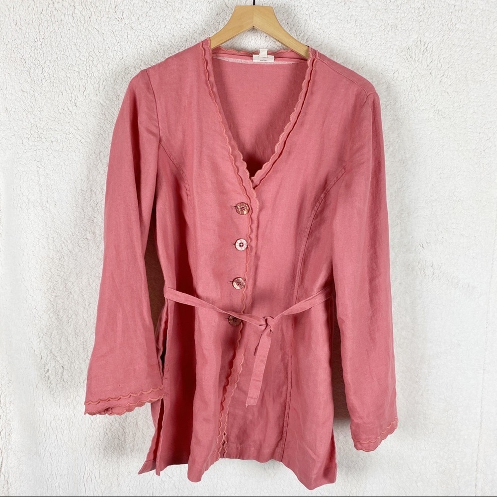 J Jill Pink Linen Button-Down Jacket With Tie S